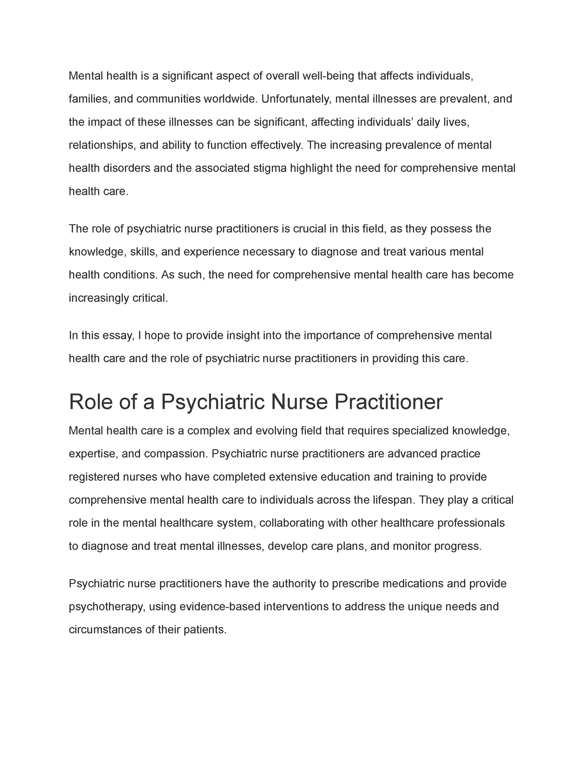 psychiatric nurse practitioner essay