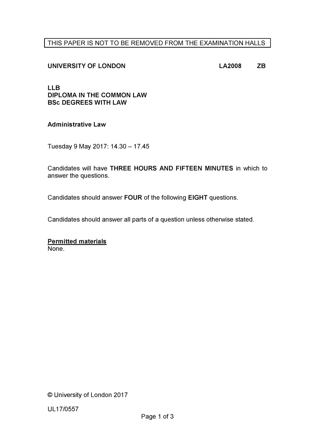 Admin exam 2017 B- past papers - UL17/ Page 1 of 3 THIS PAPER IS NOT TO ...