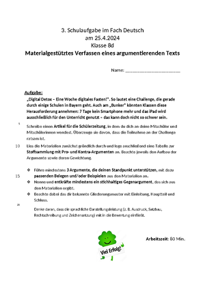 Klassenarbeit Für Die Klasse 8 - Materialgestütztes Argumentieren ...