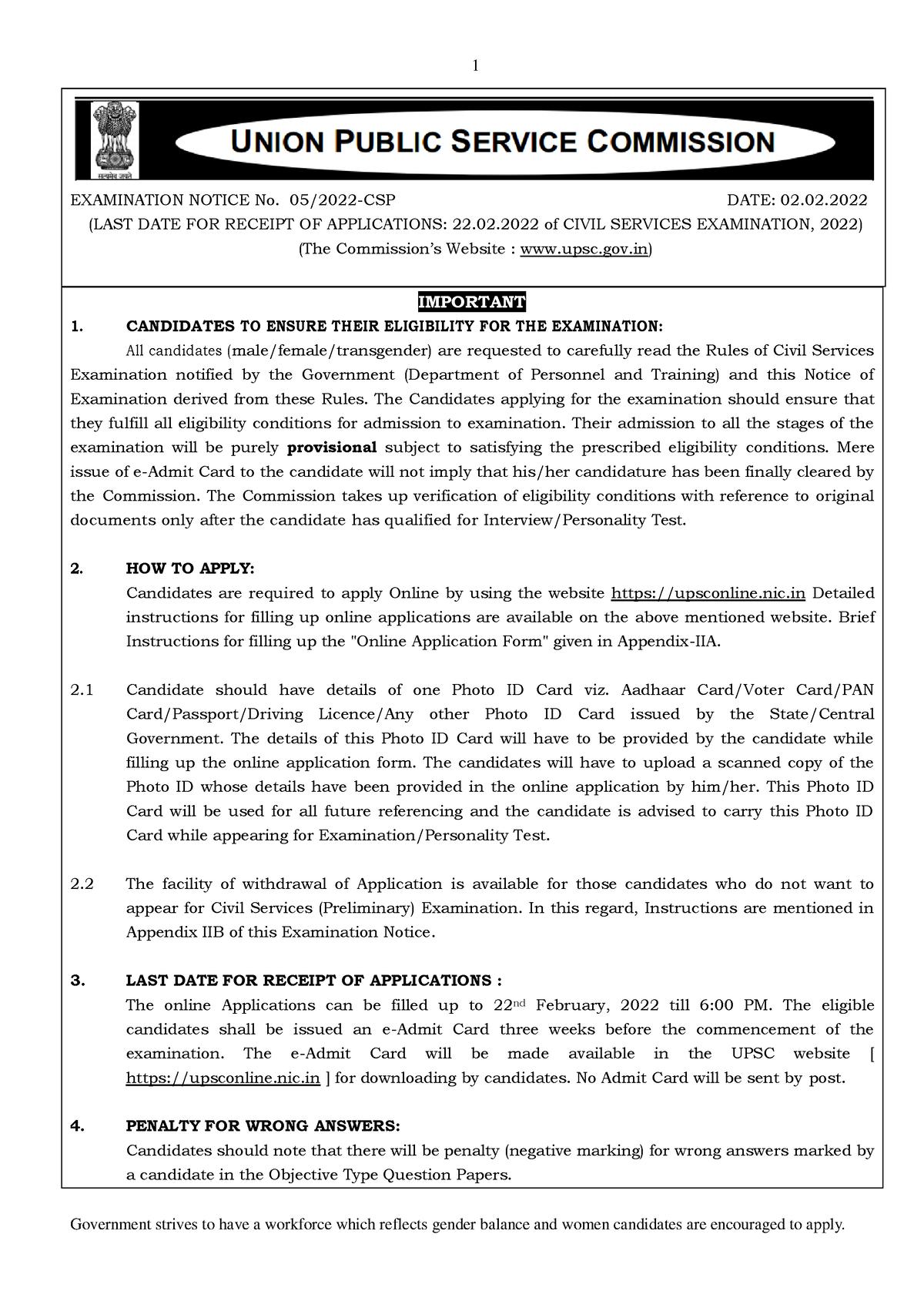 UPSC cse 2025-2026 - to kaise ho app log - EXAMINATION NOTICE No. 05/2022-CSP DATE: 02. (LAST 