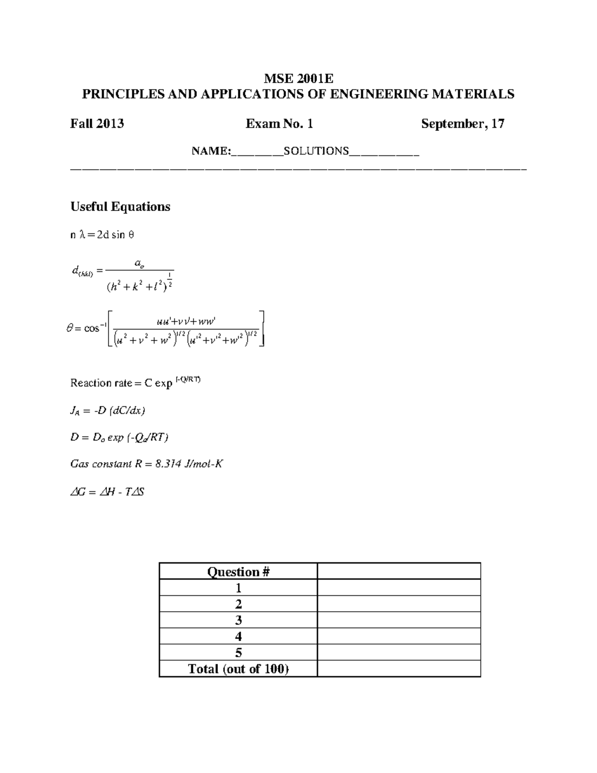 MSE2001 Fall2013-Singh-Exam1 - MSE 2001E PRINCIPLES AND APPLICATIONS OF ...