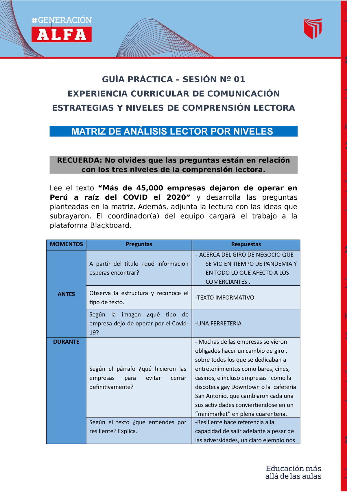 Matriz DE Análisis Lector - Primera Lectura - GUÍA PRÁCTICA – SESIÓN Nº 01  EXPERIENCIA CURRICULAR DE - Studocu