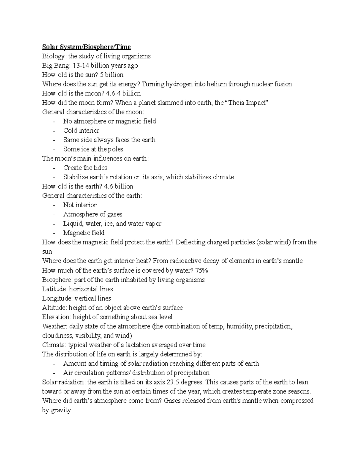 Bio 1102 Exam 1 Bio 1102 adam fry exam 1 Solar System/Biosphere