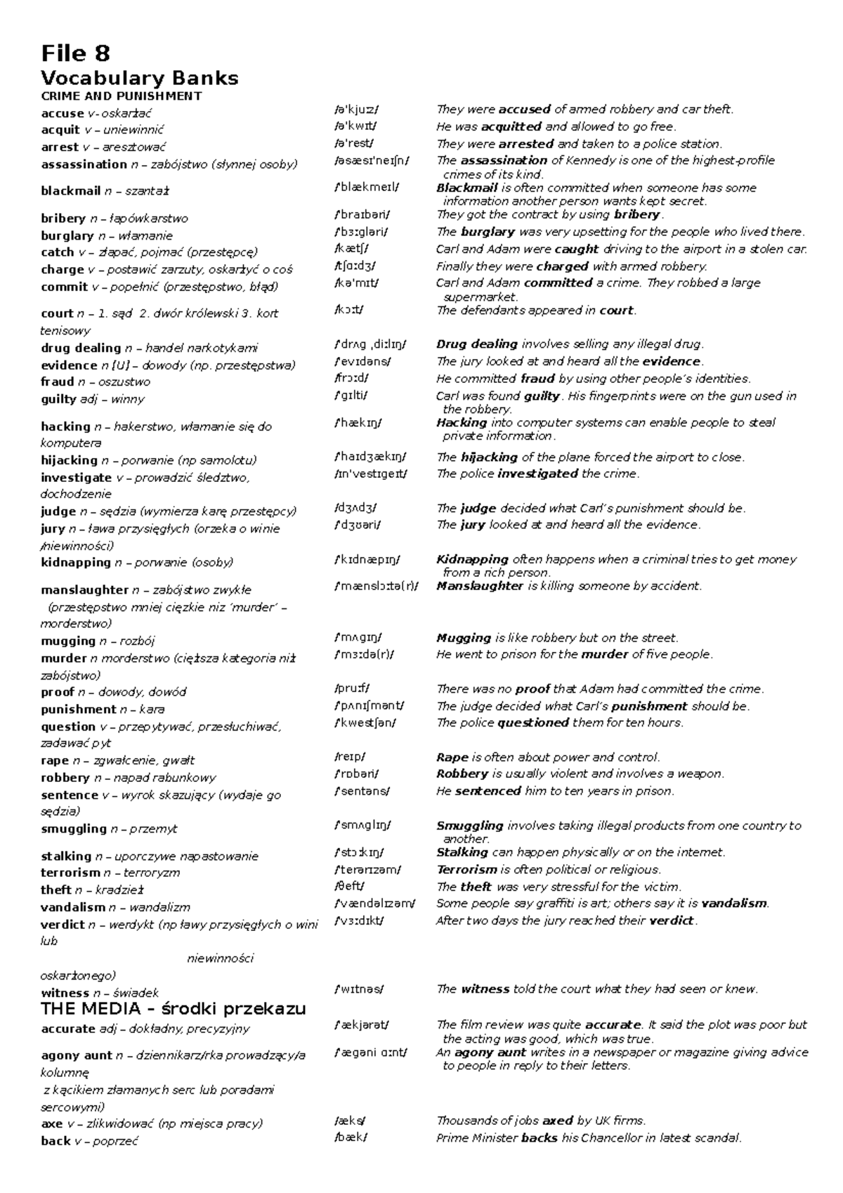 NEF Unit 8 Vocabulary - File 8 Vocabulary Banks CRIME AND PUNISHMENT ...