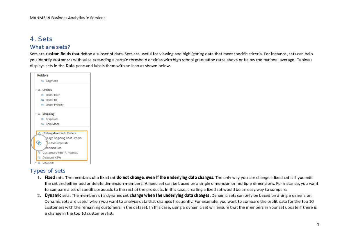 Business analytics - 4. Sets What are sets? Sets are custom fields that ...