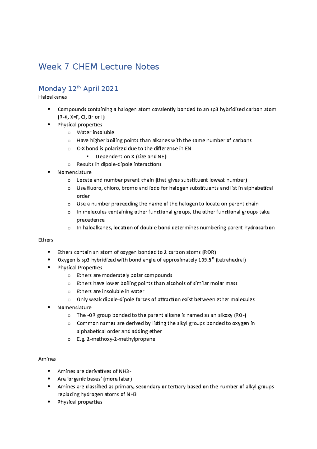 Week 7 Lec Notes - Week 7 CHEM Lecture Notes Monday 12th April 2021 ...