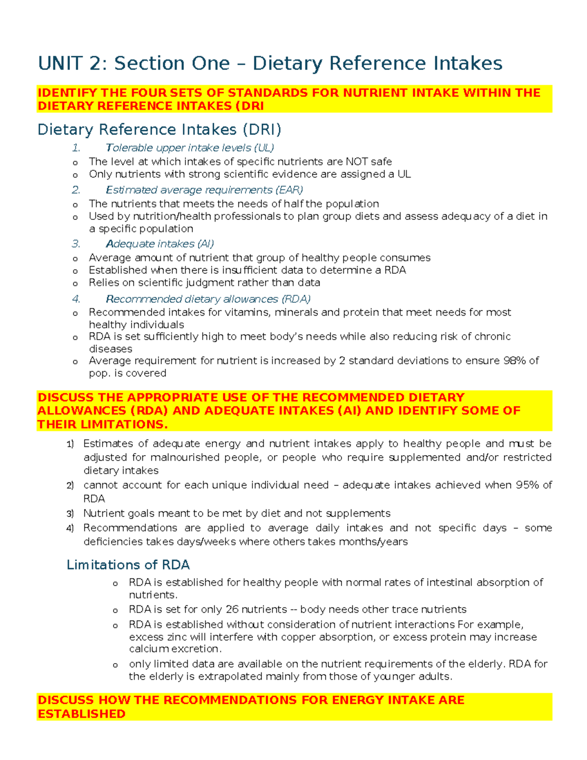 Nutr330 Unit 2 Study Notes - UNIT 2: Section One – Dietary Reference ...