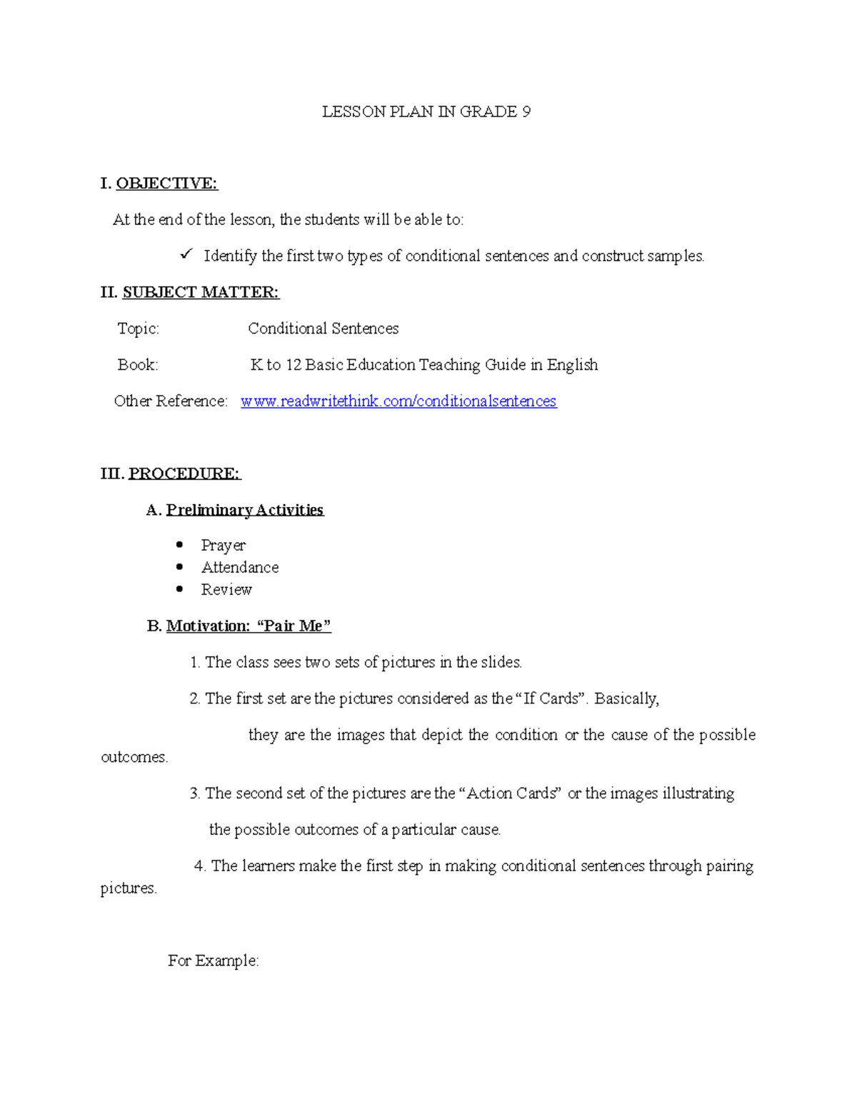 Lesson PLAN IN Grade 9 - Two types of conditional sentences and ...