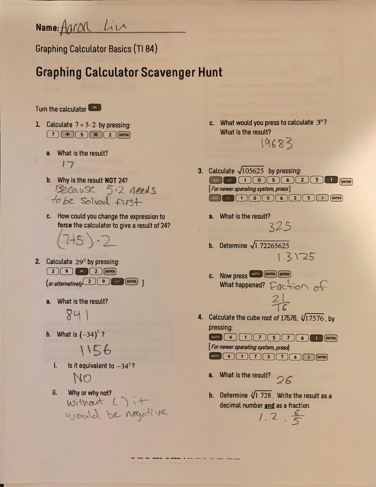Page 1 - Lab Worksheet - Name: Aaron Lin Graphing Calculator Basics (TI ...