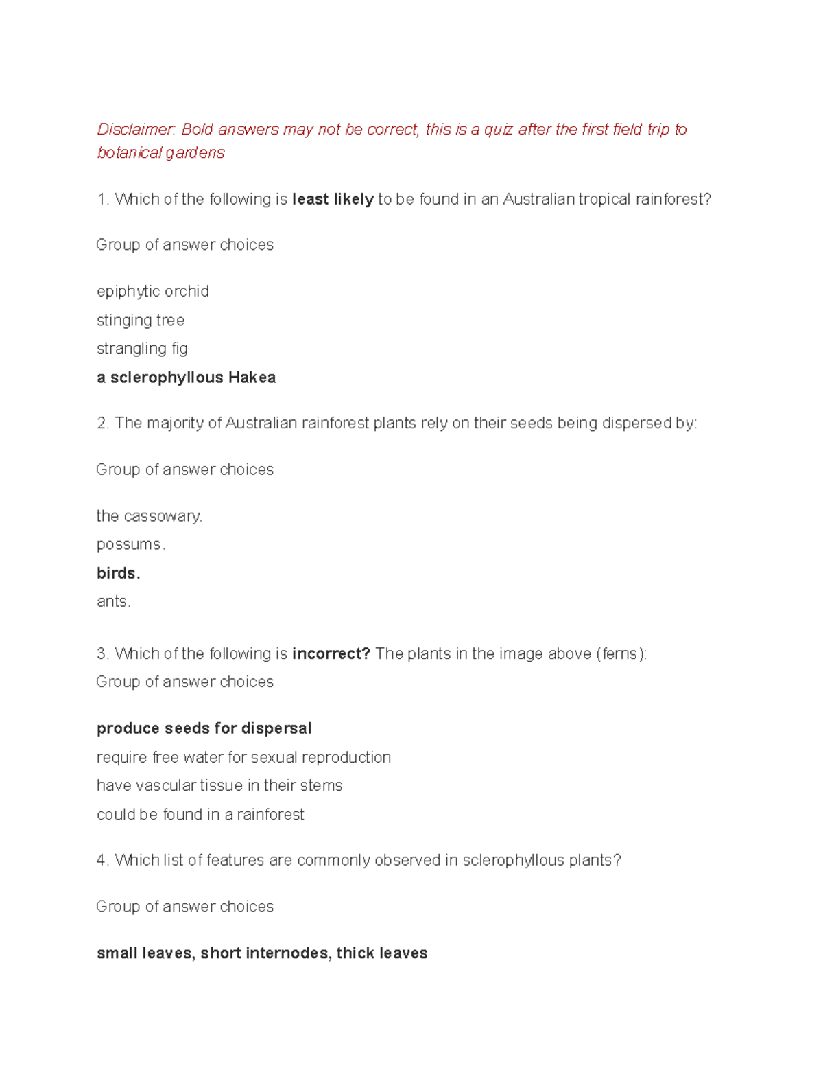Botanic Garden Field Trip Qns and Answer Disclaimer Bold answers may