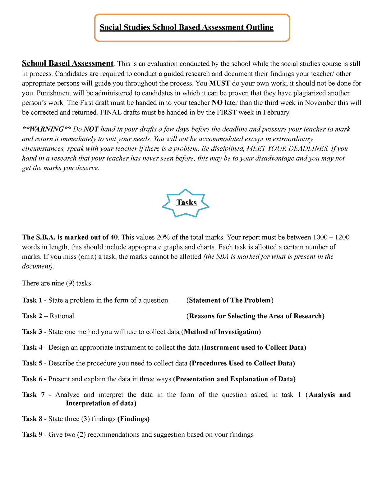 CSEC Social Studies SBA Outline Social Studies School Based