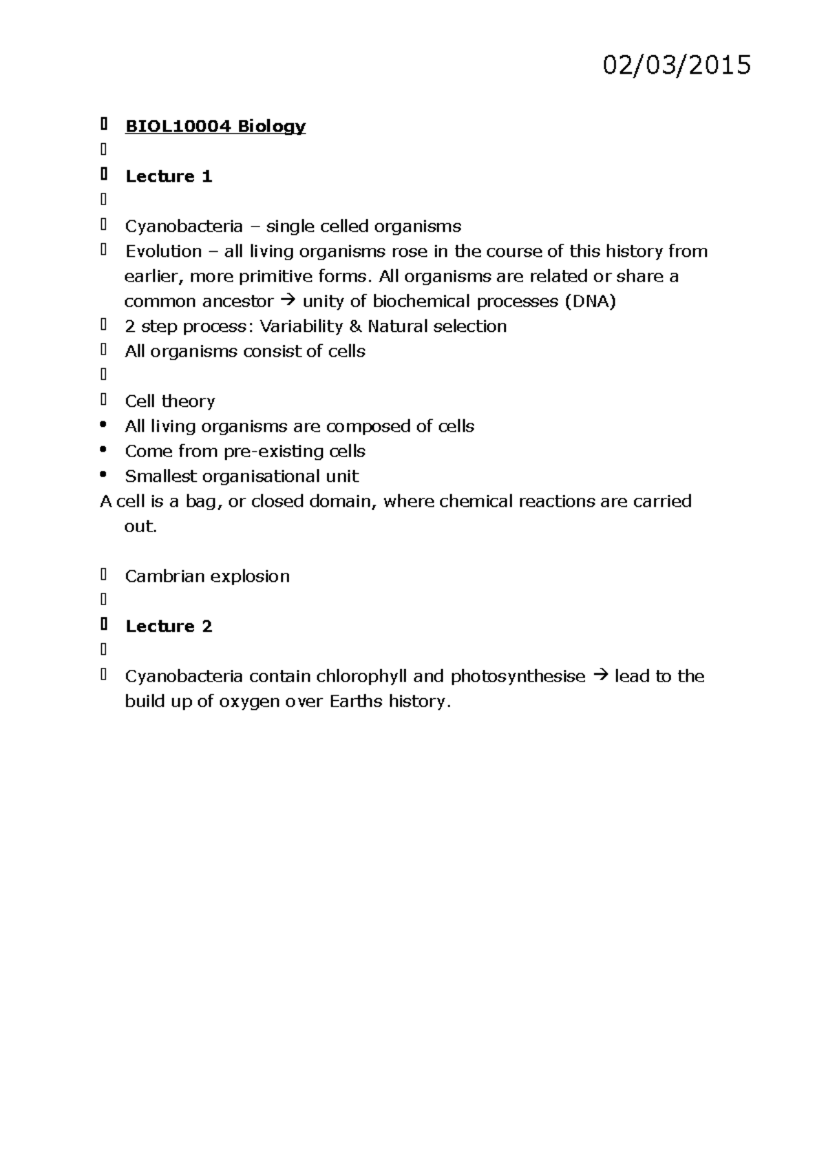 Semester 1 2015 Notes - 02/03/2015 BIOL10004 Biology Lecture 1 ...