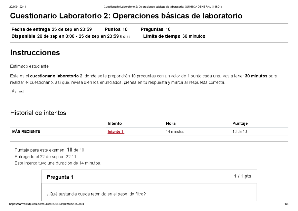 Cuestionario Laboratorio 2 Operaciones básicas de laboratorio Quimica