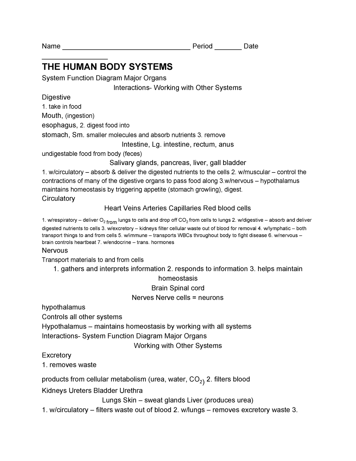 Body Systems Interactions Chart Name Period Date The