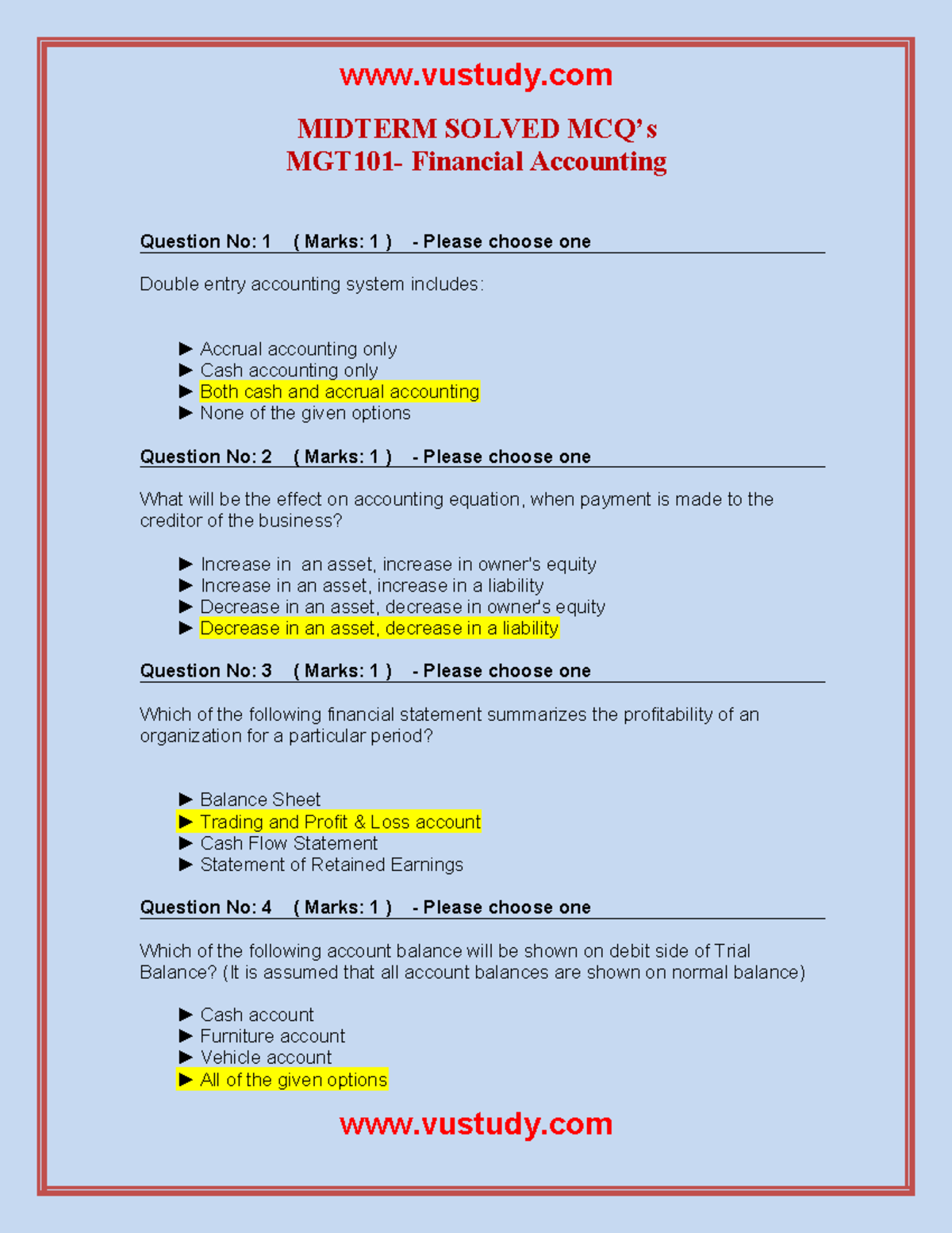 11 - midterm - MIDTERM SOLVED MCQ’s MGT101- Financial Accounting ...