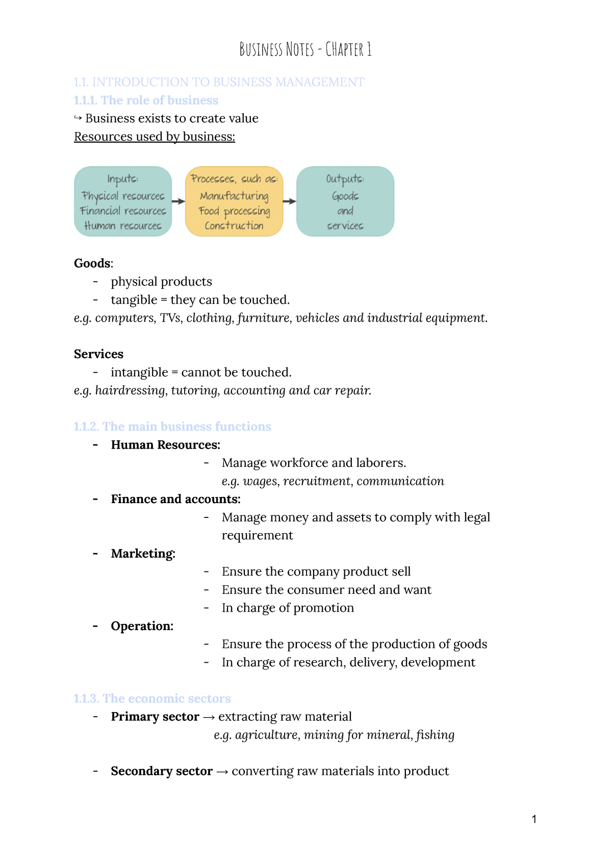 Business Notes Chapter 1 - Business Notes - CHapter 1 1. INTRODUCTION TO BUSINESS MANAGEMENT 1.1 ...