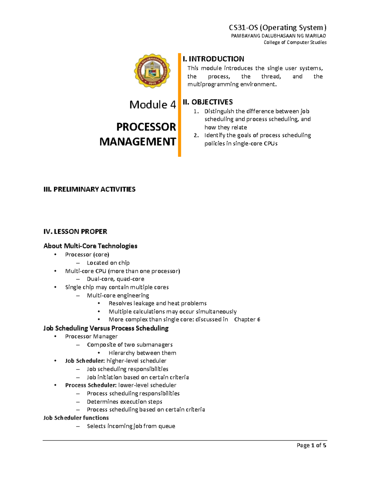CS31Operating System Module 4CS31-OS - Lecture notes 11 - PAMBAYANG ...