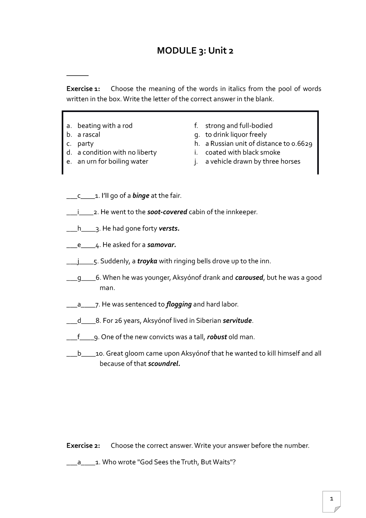 Literatures of the world Topic 5 - MODULE 3: Unit 2 Exercise 1: Choose ...