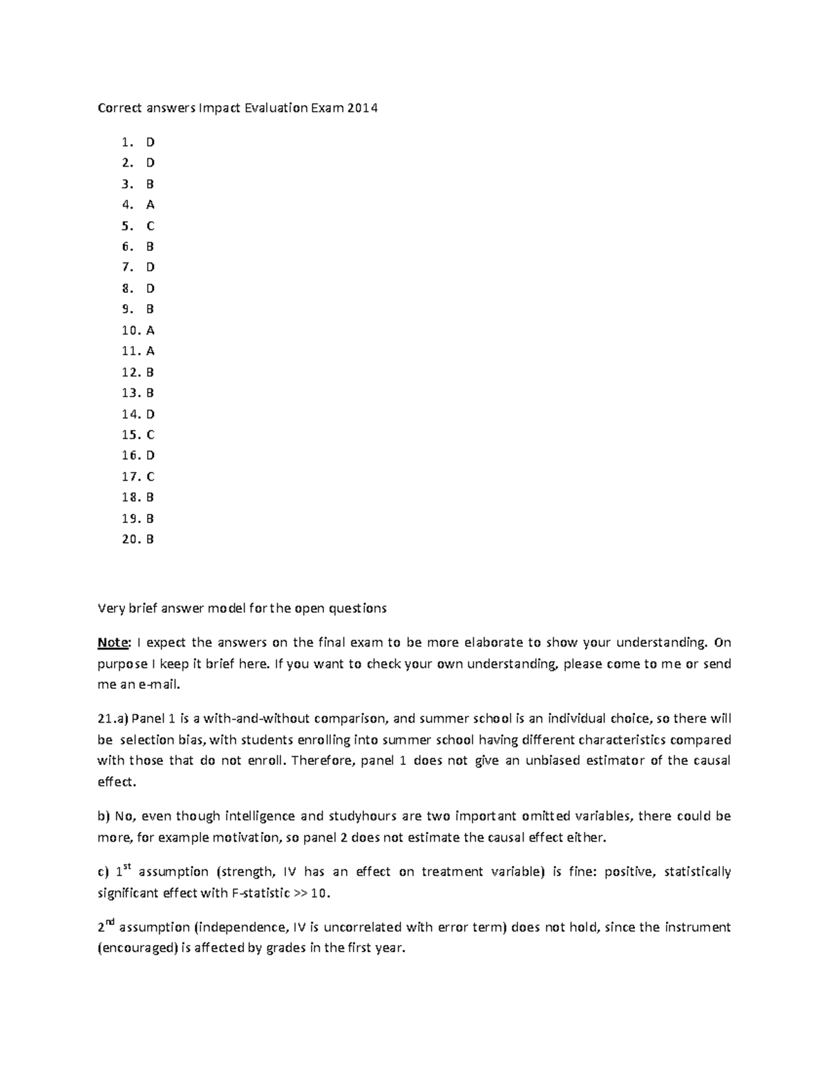 Answer model example exam Impact Evaluation 2014 Correct answers