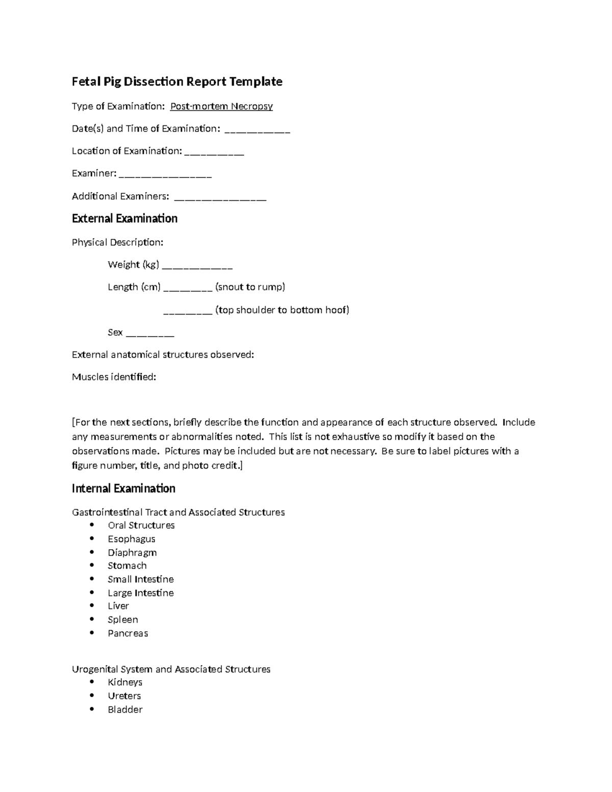 Fetal Pig Dissection Report Template - Include any measurements or ...