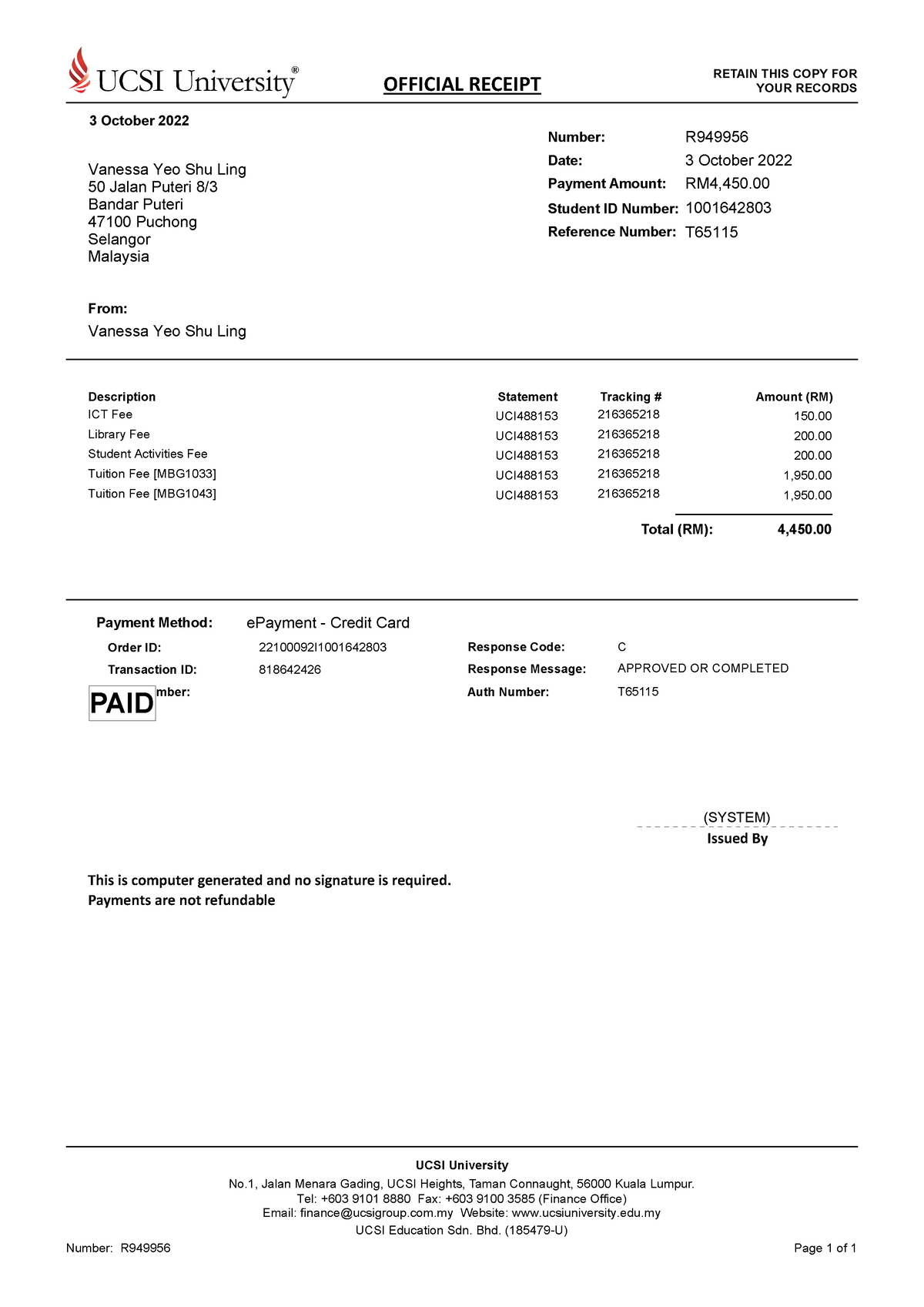 Posse Doc 219997838 - New - Official Receipt Retain This Copy For Your 