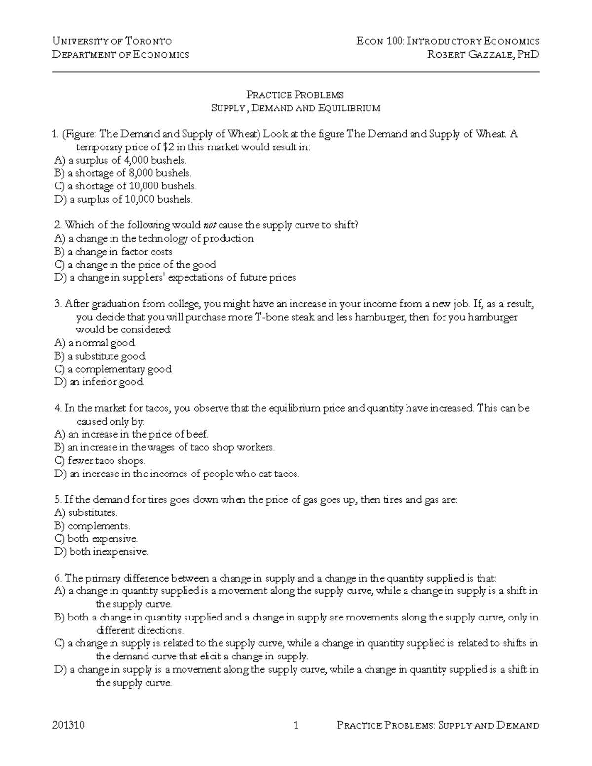 03Supply Demand Equilibrium 2013 10 DEPARTMENT OF ECONOMICS ROBERT