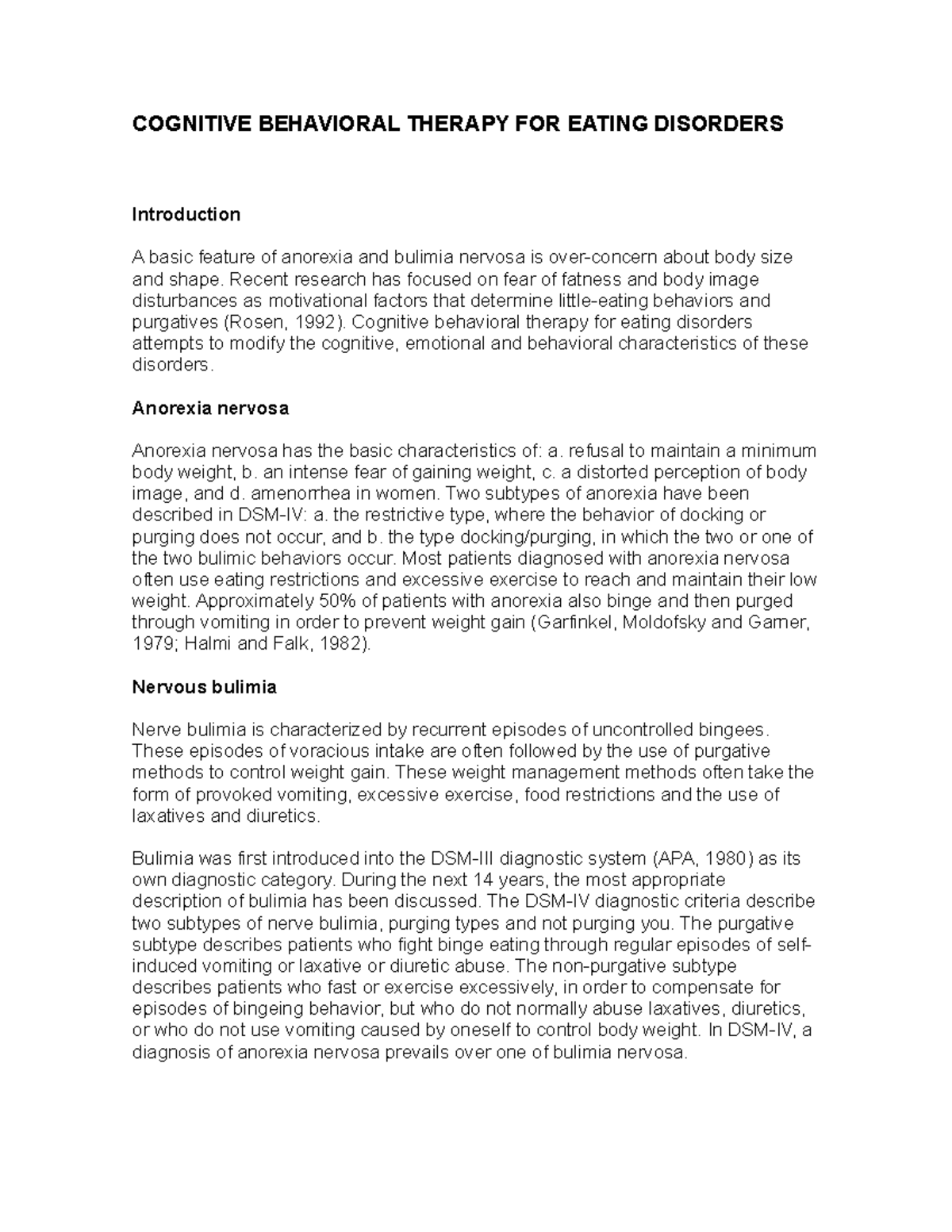 Cognitive behavioral therapy for eating disorders - COGNITIVE ...