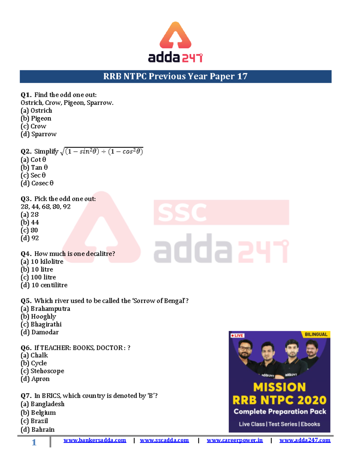 RRB NTPC Previous Year Paper 17 English - bankersadda | sscadda ...