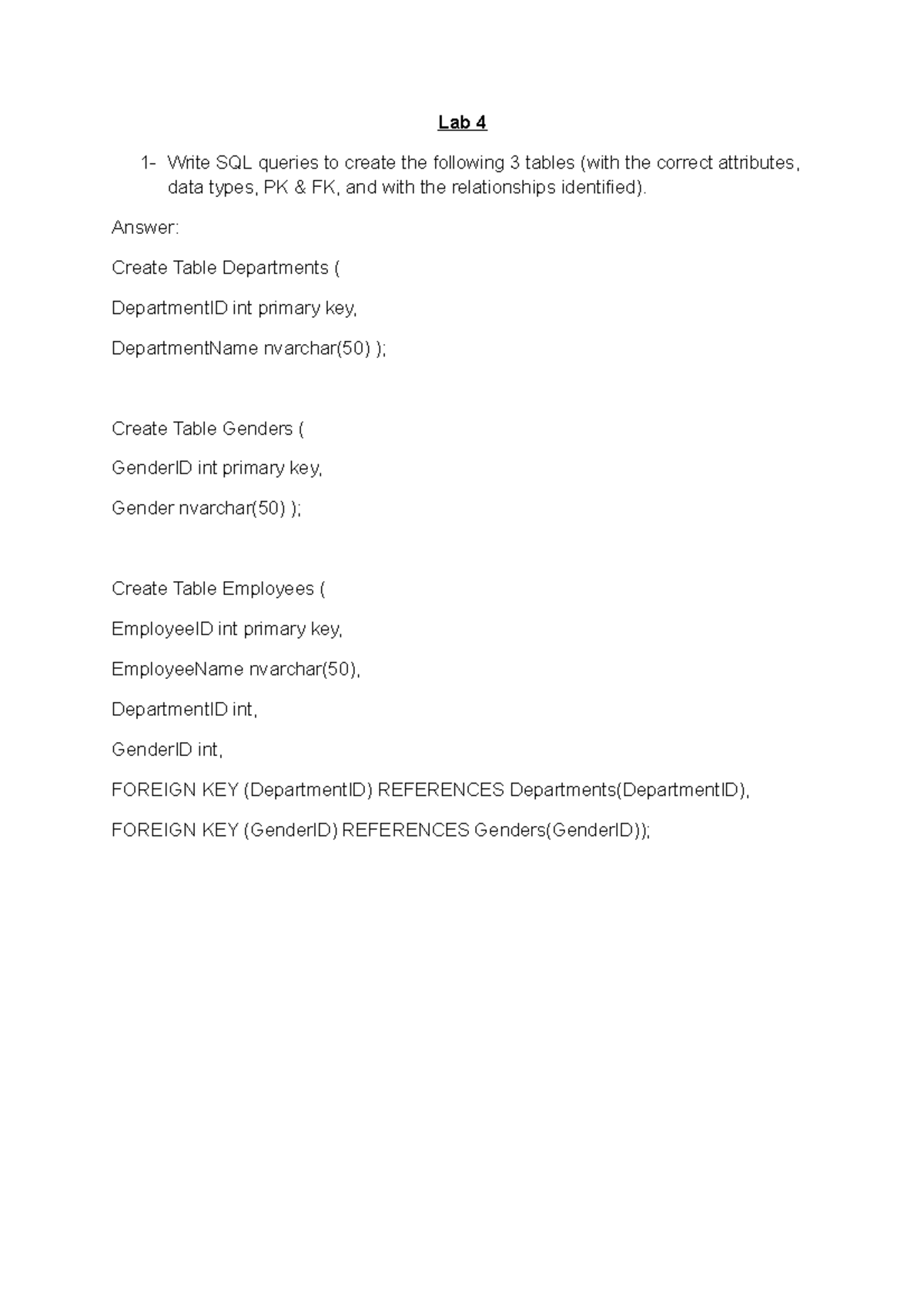 Lab 4 - Aggregate functions - Lab 4 1- Write SQL queries to create the ...