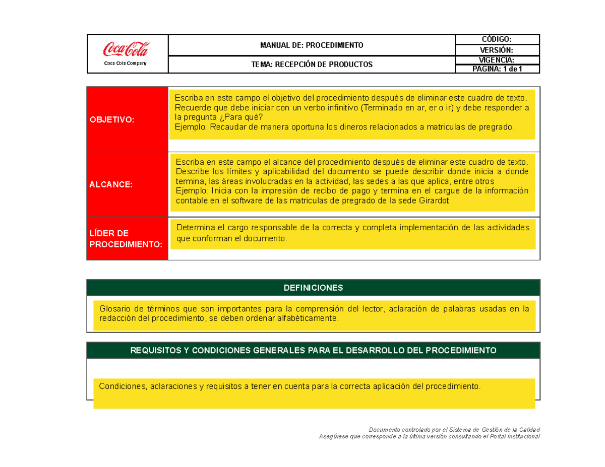 Plantilla- Procedimiento - Coca Cola Company MANUAL DE: PROCEDIMIENTO
