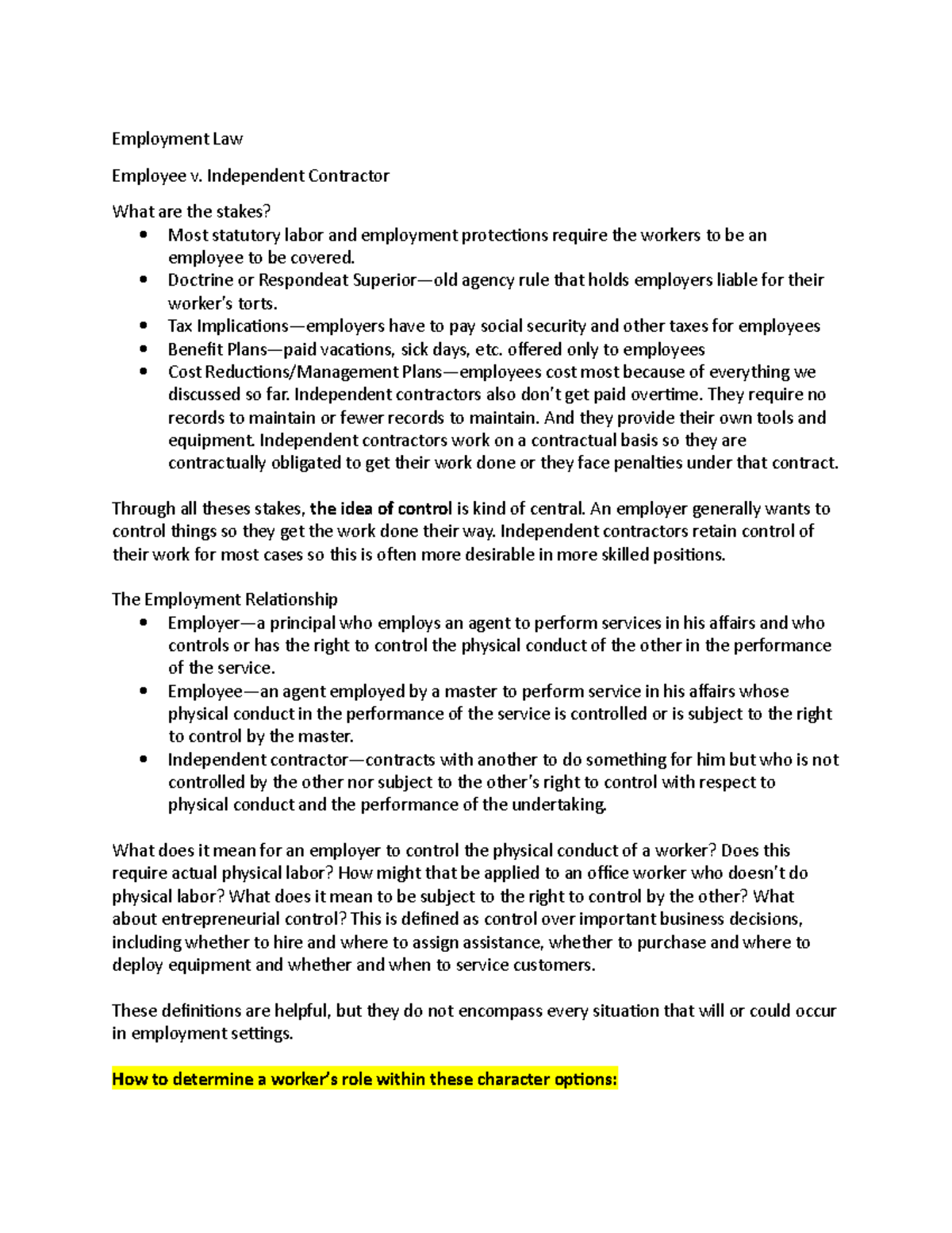 Employment Law Notes - Employment Law Employee v. Independent ...