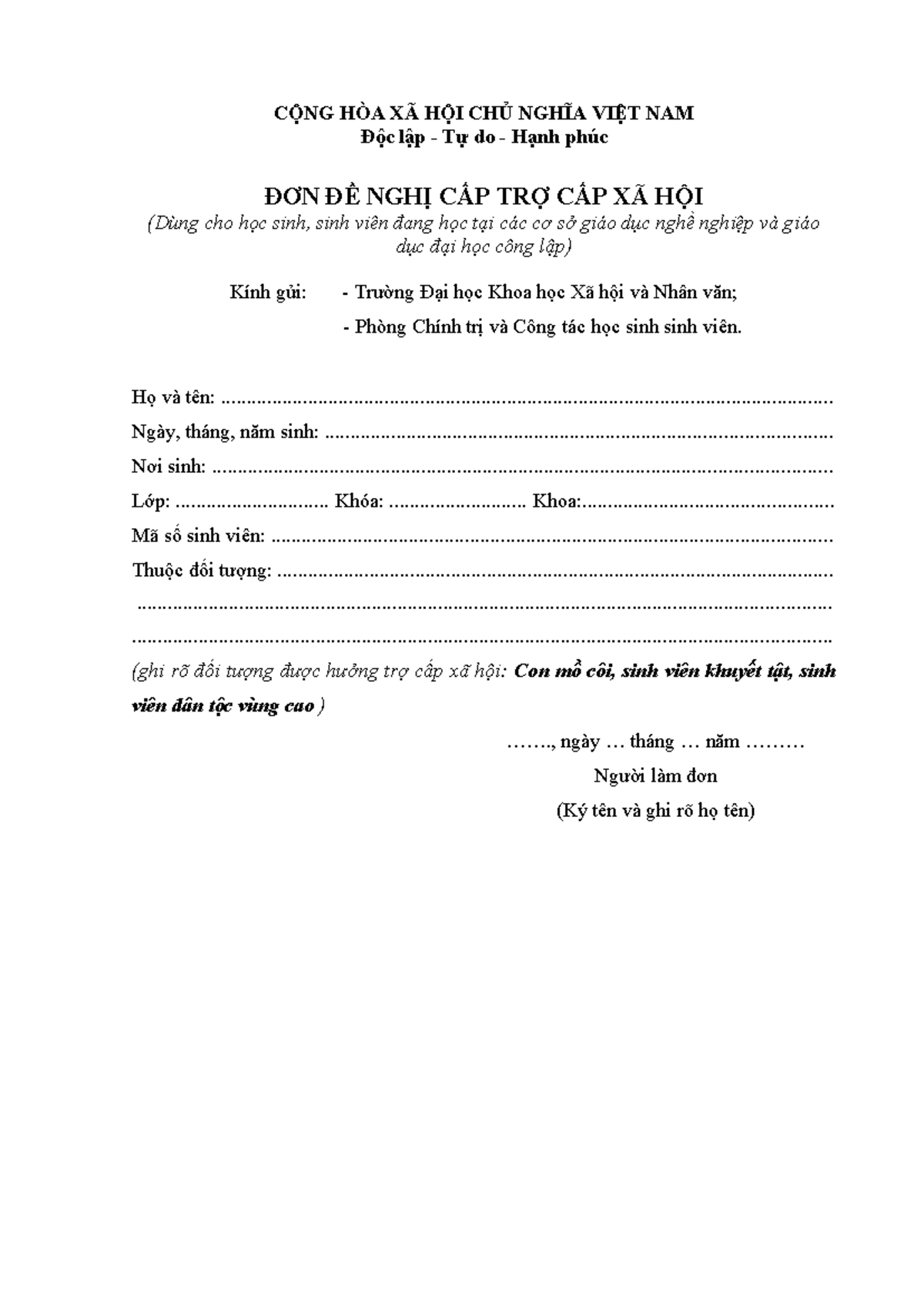 Mẫu xin hưởng trợ cấp xã hội - CỘNG HÒA XÃ HỘI CHỦ NGHĨA VIỆT NAM Độc ...
