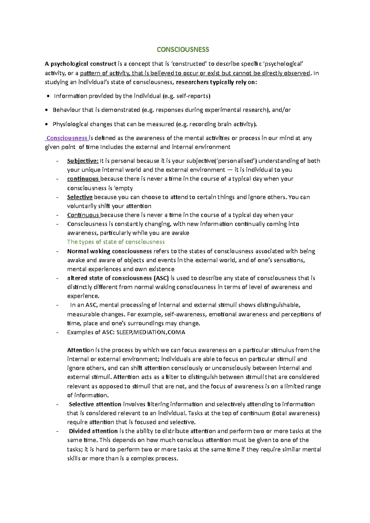 Consciounesss - psychology notes about consciousness unit 3 ...