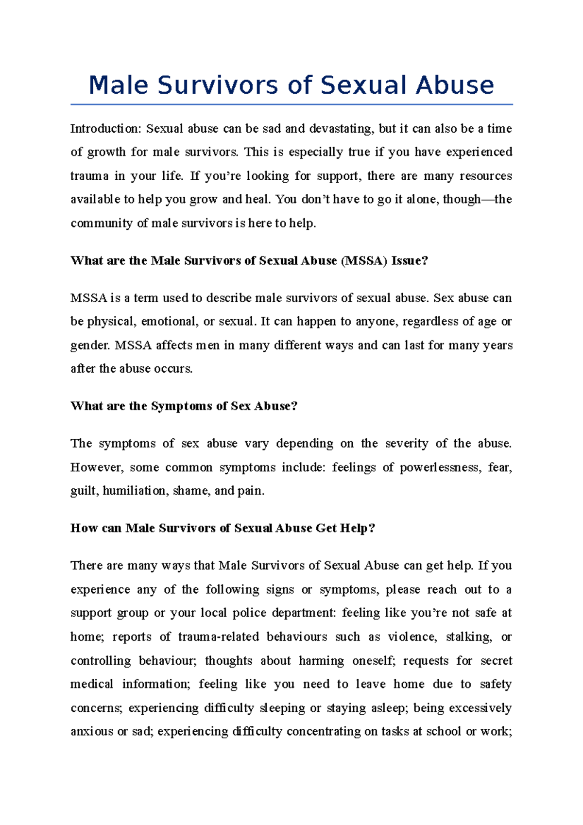 Male Survivors of Sexual Abuse - Male Survivors of Sexual Abuse ...