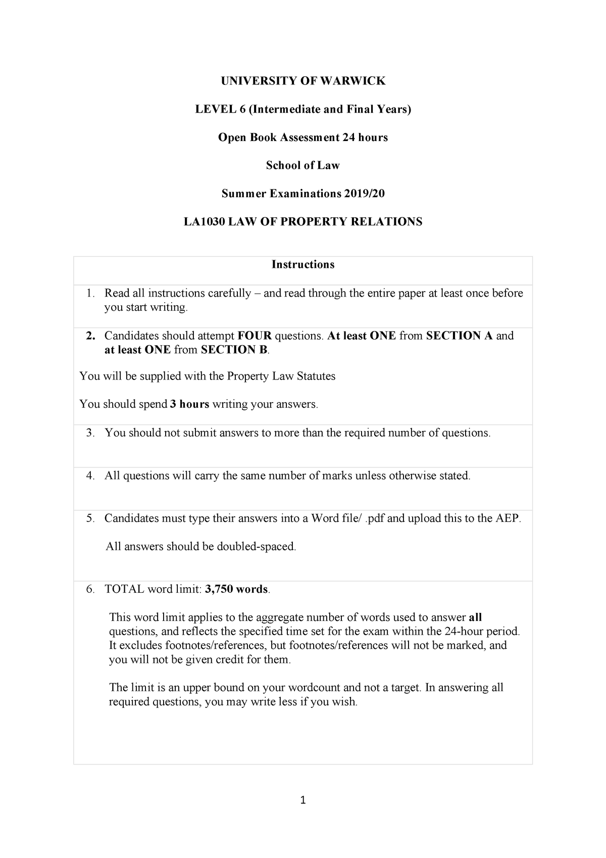 LA103 Introduction To The Law Of Property Relations 2020 Practice Paper ...