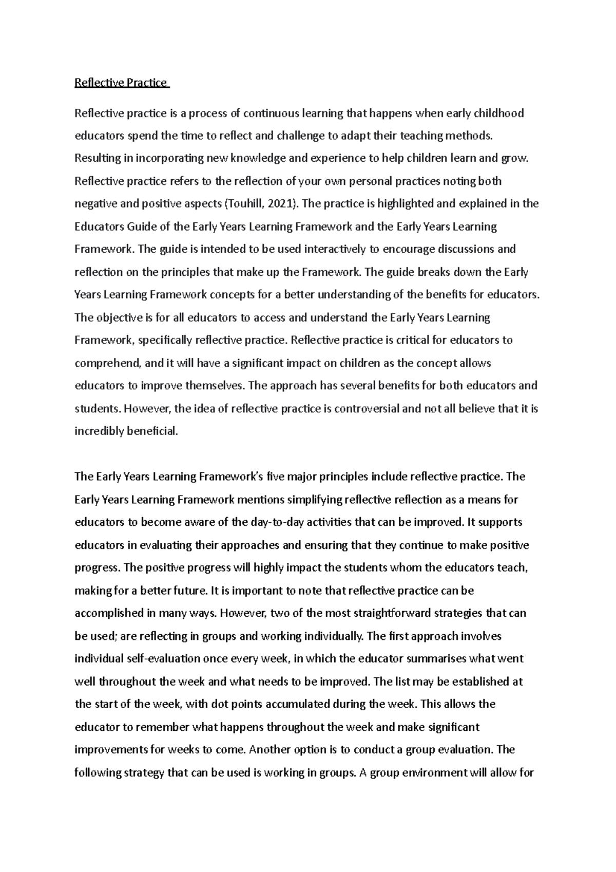 ECHE2200 Assessment 2 - Reflective Practice Reflective practice is a ...