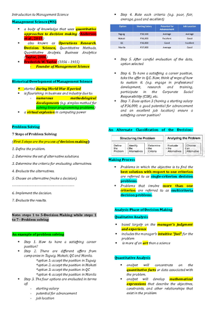 Module 1 Notes - Module 1 Management Science - If you use quantitative ...