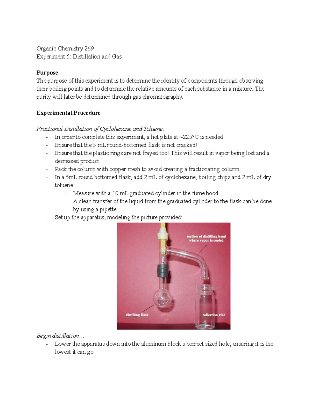 Distillation Prelab grade A Organic Chemistry 269 Experiment 5
