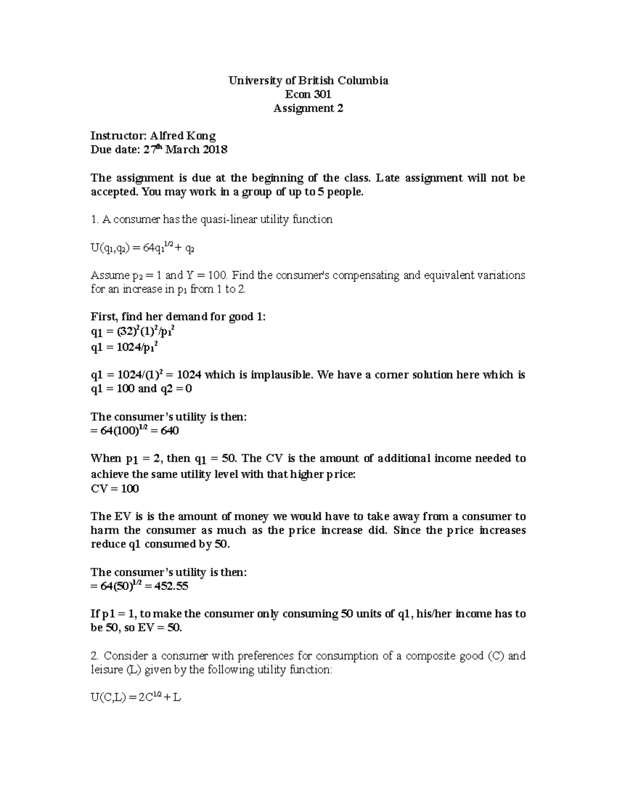 Assignment 2 Solutions - University of British Columbia Econ 301 ...