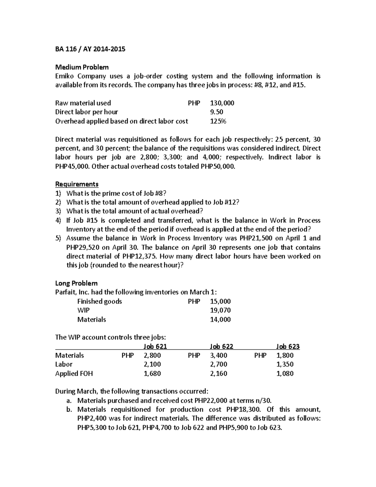 BA116 Module 1 Final HW - job costing - BA 116 / AY 2014-­‐ 2015 Medium ...