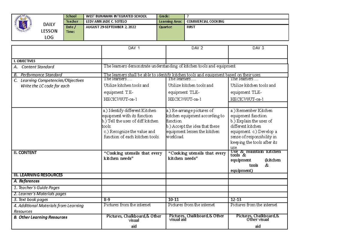 DLL Cookery WEEK 2 - daily lesson log for TLE - DAILY LESSON LOG School ...