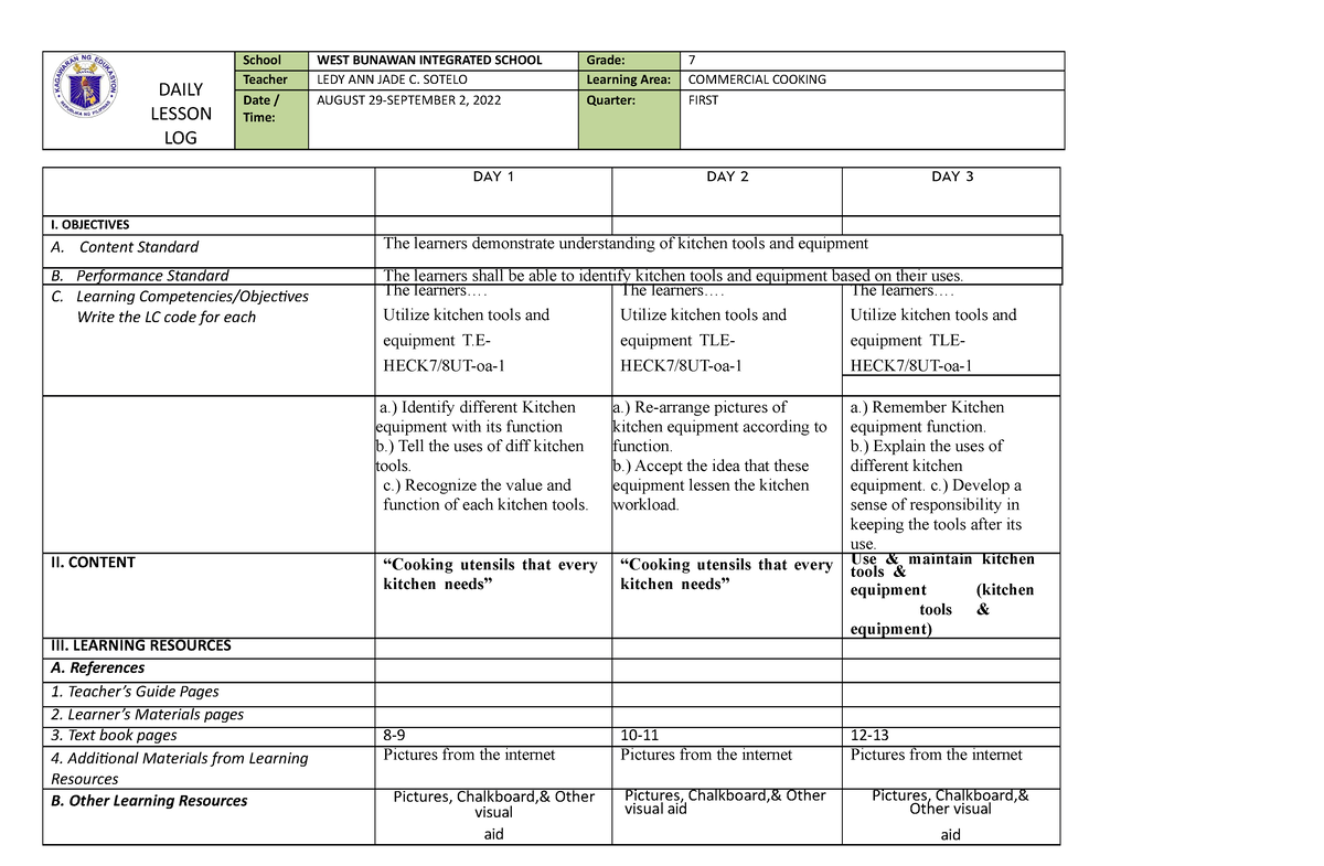 DLL Cookery WEEK 2 Daily Lesson Log For TLE DAILY LESSON LOG School 