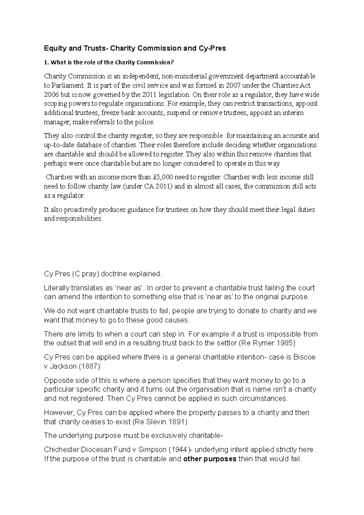 Cy-Pres Notes - Equity and Trusts- Charity Commission and Cy-Pres 1 ...