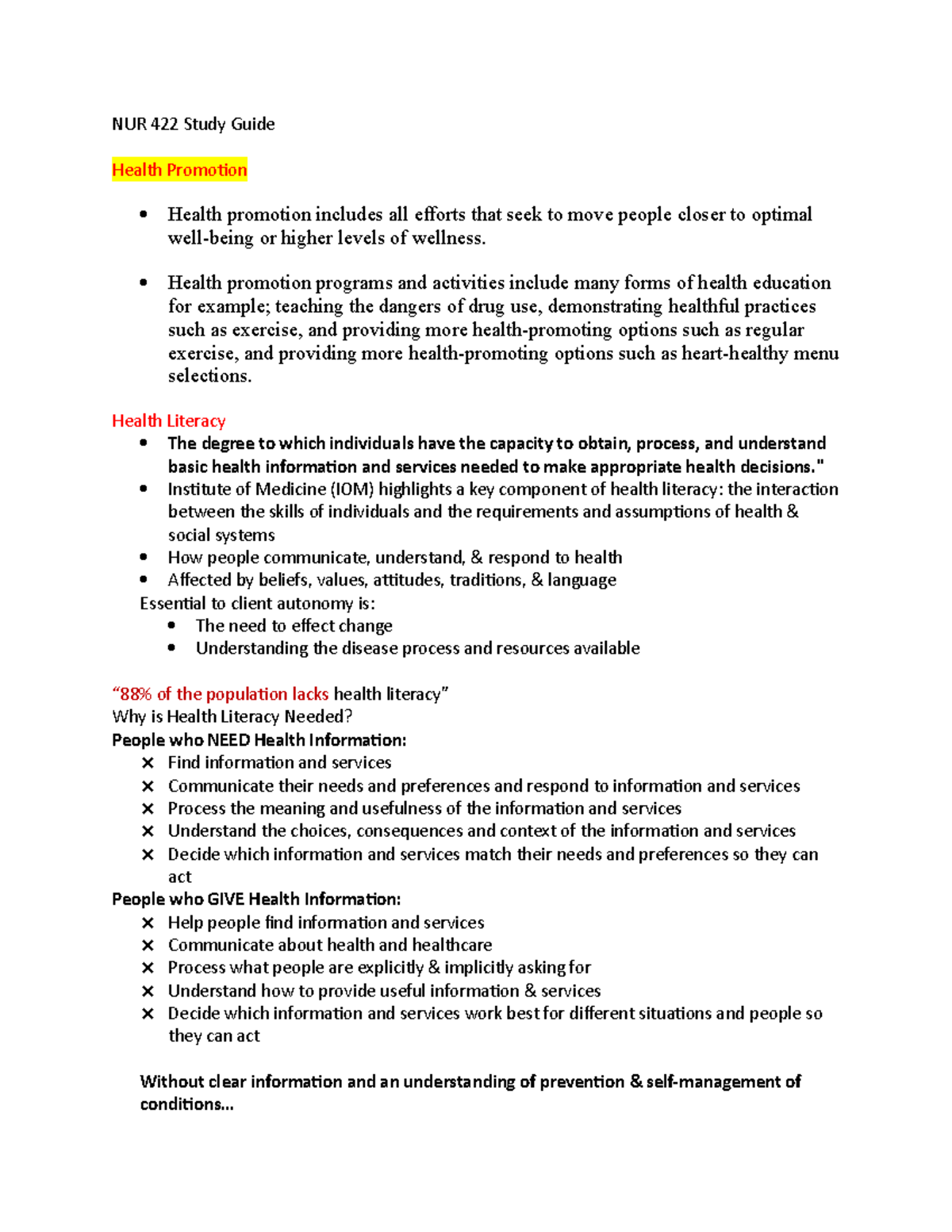 NUR 422 Health Promotion - NUR 422 Study Guide Health Promotion Health ...