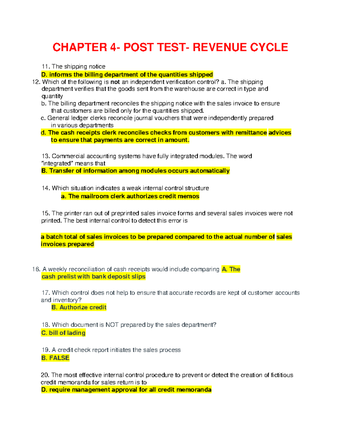 Chapter 4 POST TEST Revenue Cycle CHAPTER 4 POST TEST REVENUE