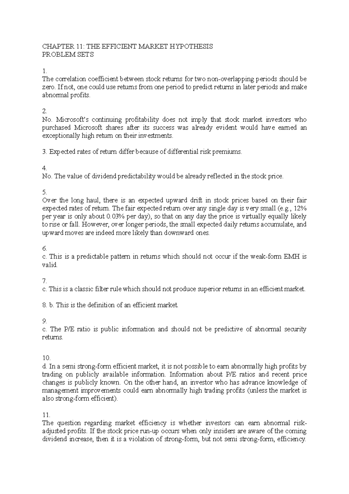 Chapter 11 solutions - CHAPTER 11: THE EFFICIENT MARKET HYPOTHESIS ...