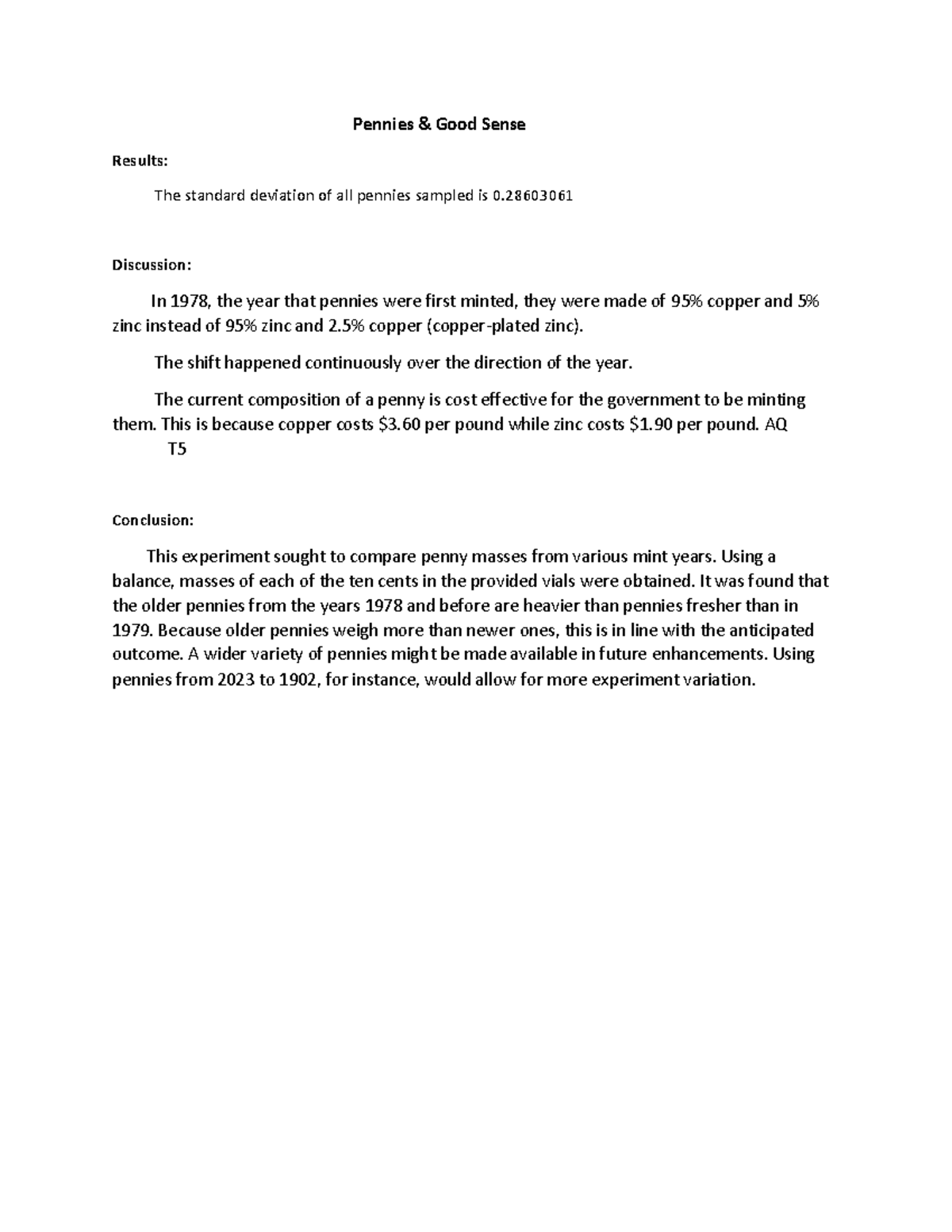 Document 252 chem lab Pennies & Good Sense Results The standard
