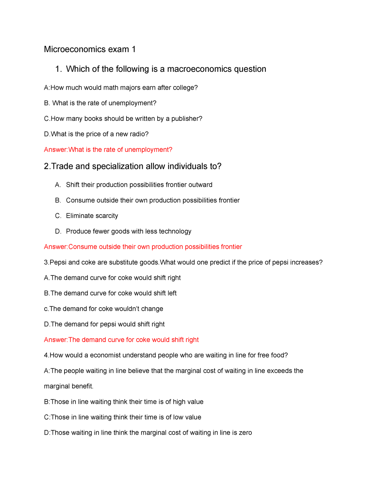 Microeconomics exam questions and answers