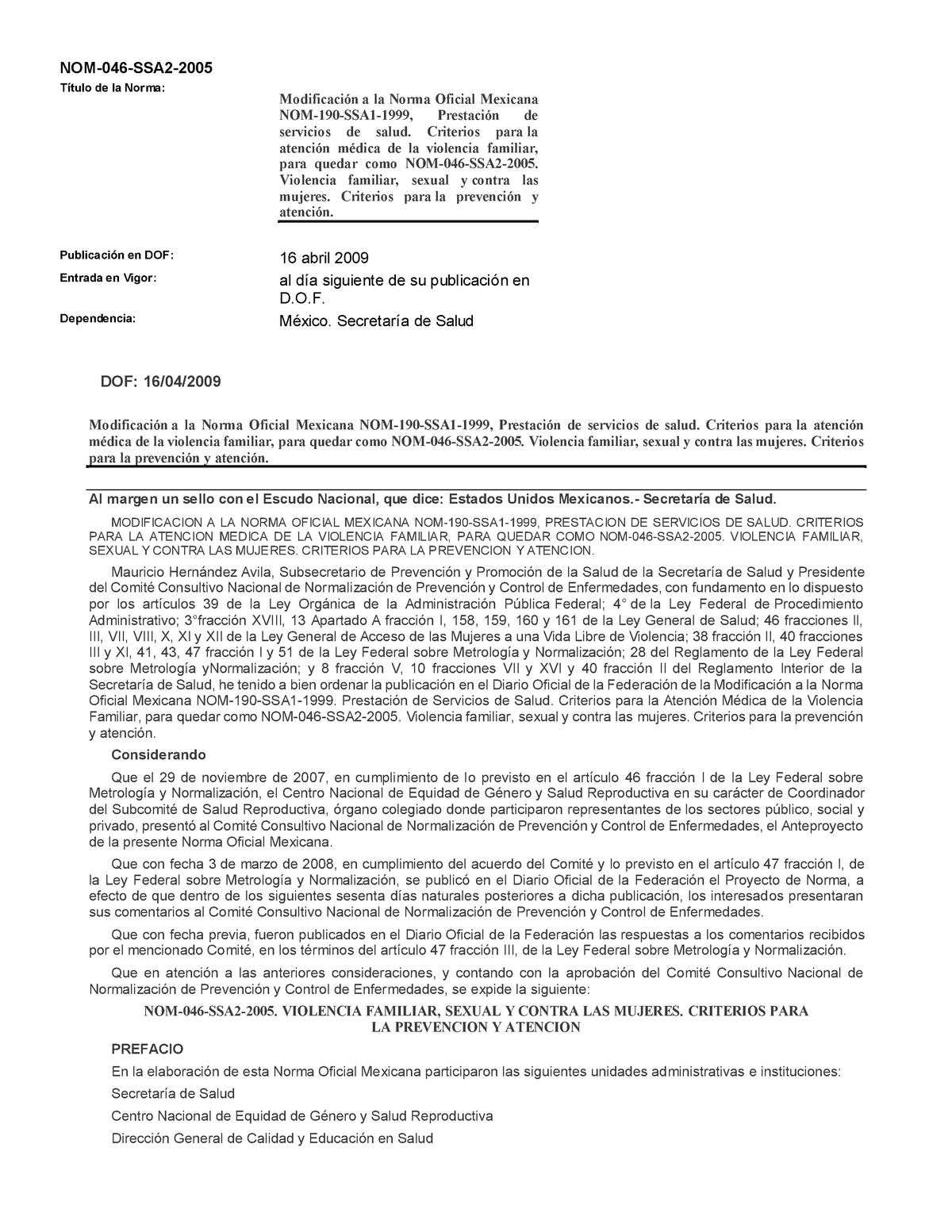 Nom 046 Violencia Familiar Sexual Y Contra Las Mujeres Nom 046 Ssa2 2005 Título De La