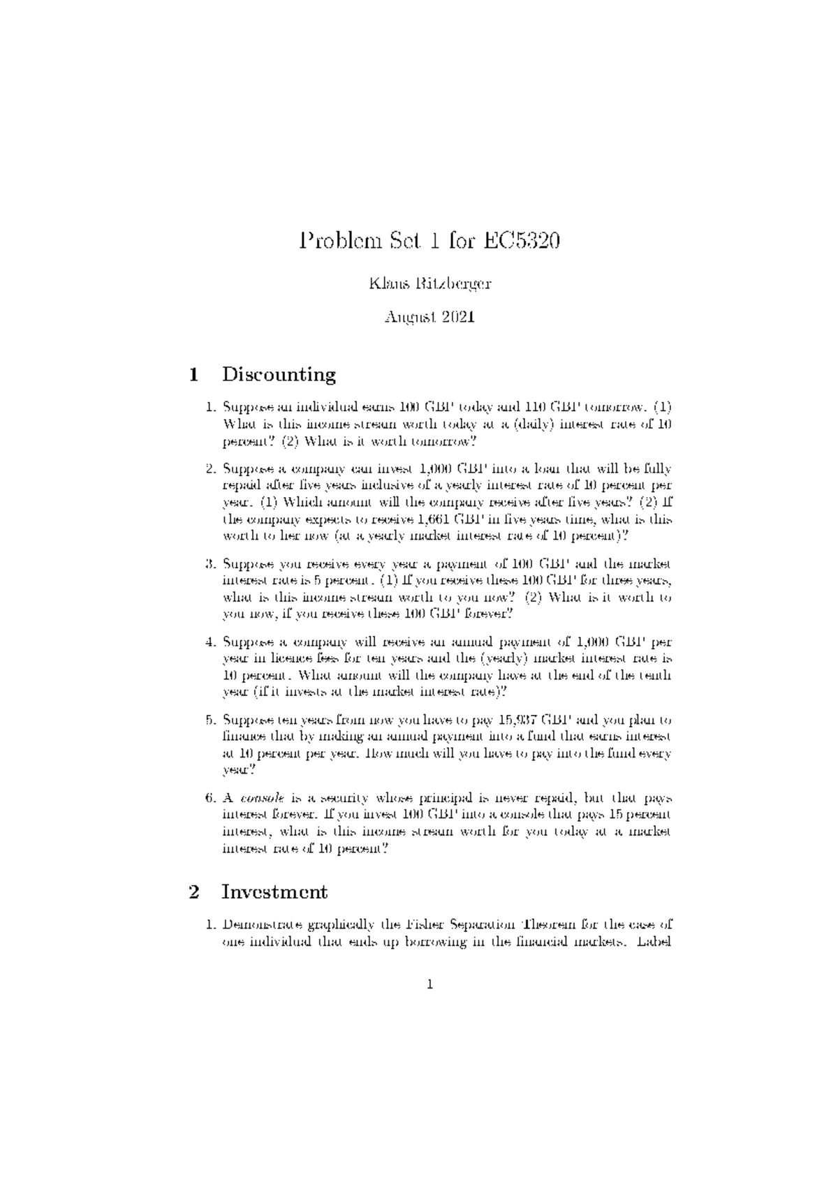 Problem Set 1 - n/a - Problem Set 1 for EC Klaus Ritzberger August 2021 ...